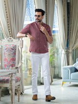 Maroon Woven Mandarin Collar Shirt - Elganza