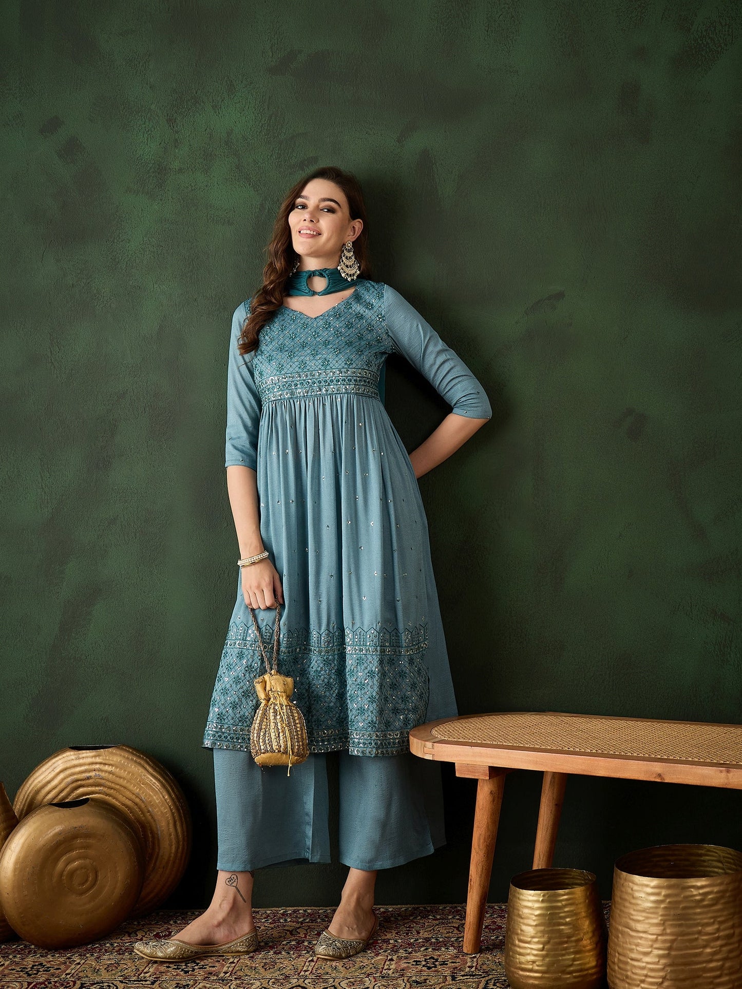 Blue Embroidered Nyra-Cut Kurta Palazzo With Dupatta - Elganza