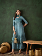 Blue Embroidered Nyra-Cut Kurta Palazzo With Dupatta - Elganza