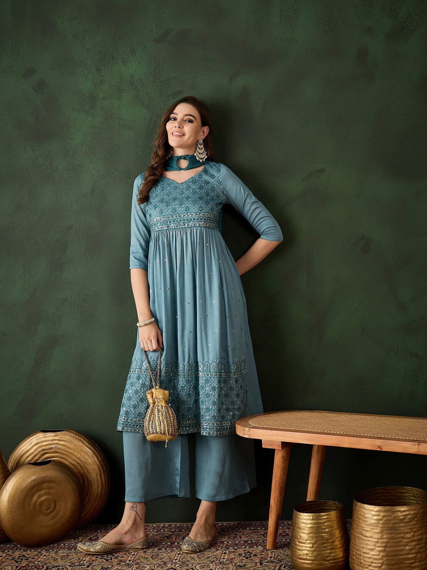 Blue Embroidered Nyra-Cut Kurta Palazzo With Dupatta - Elganza