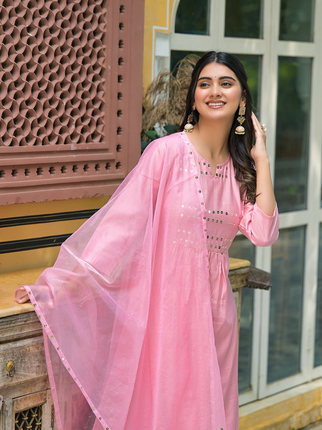 Powder Pink A-Line Kurta With Mirror Work On Dupatta - Elganza