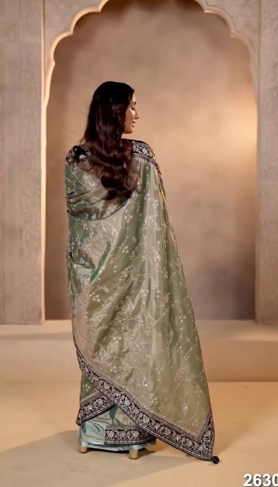 Most Popular Evergreen Soft Mocha Silk Saree with Silver Jari & Sequins Embroidery