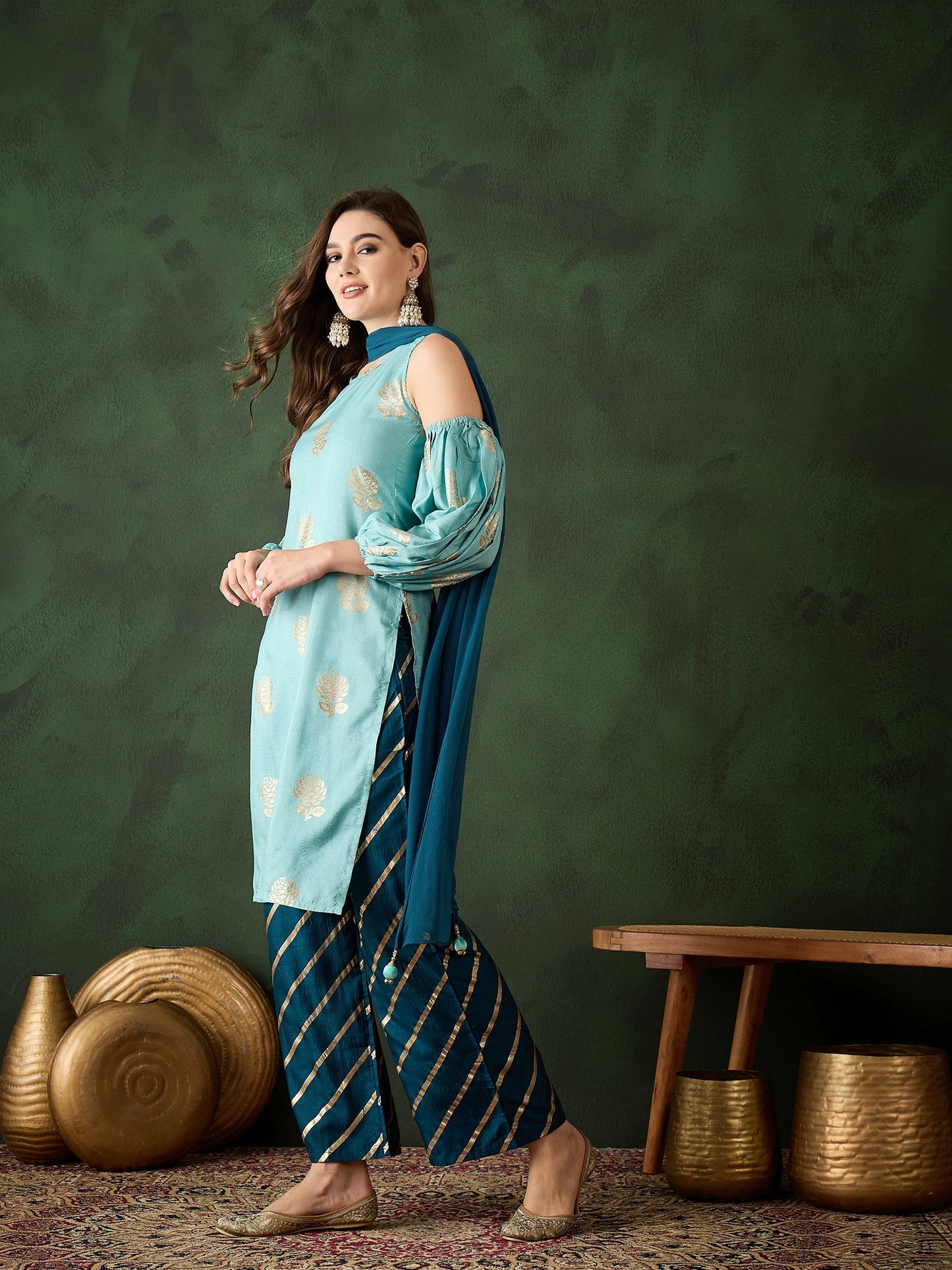 Blue Gold Printed Kurta Palazzo With Dupatta - Elganza