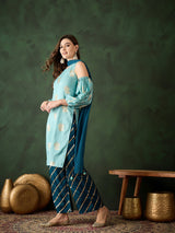 Blue Gold Printed Kurta Palazzo With Dupatta - Elganza