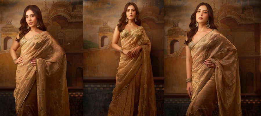 Designer Rose Gold Silk Beads & Sequins Embroidered Saree with Fancy Copper Lace Border and Unstitched Kadwa Silk Blouse