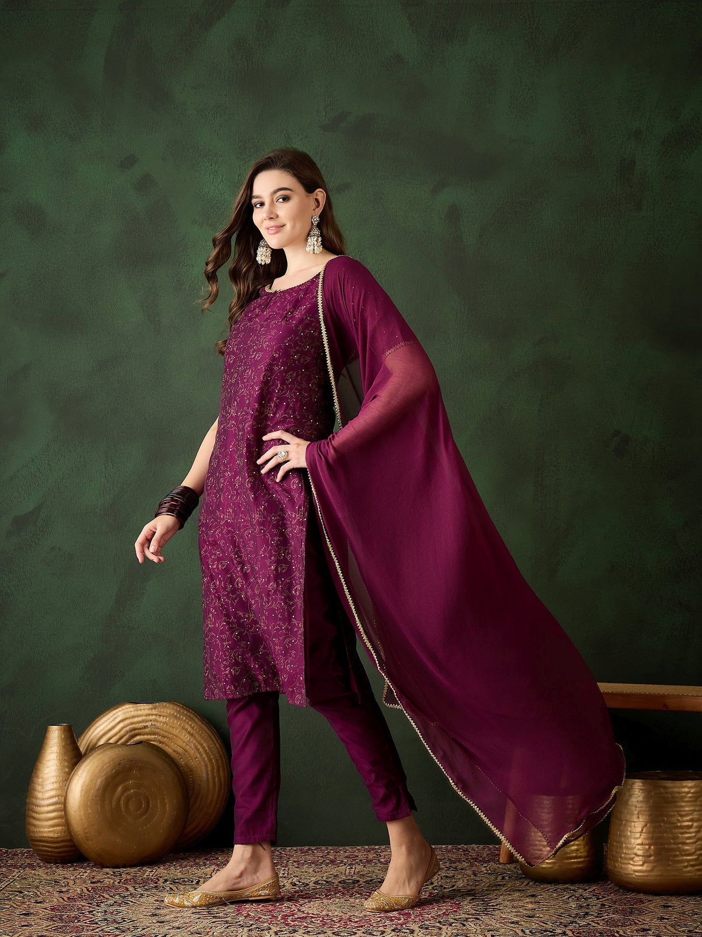 Purple Gold Print Kurta Pant With Dupatta - Elganza