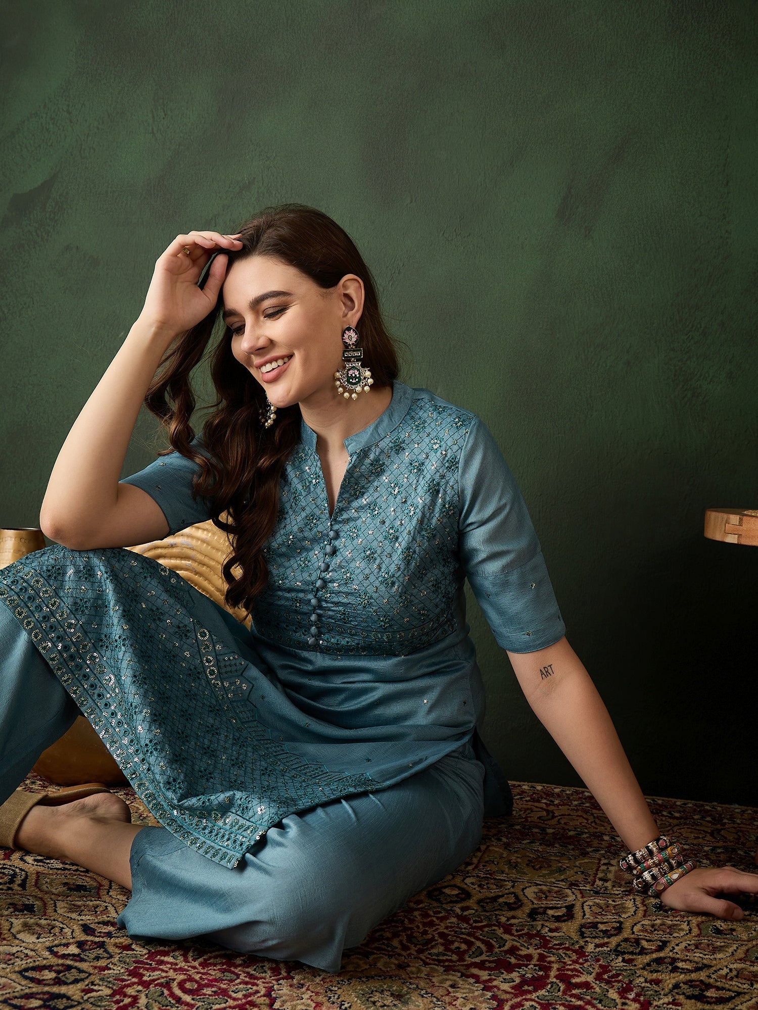 Blue Embroidered Kurta With Palazzo - Elganza