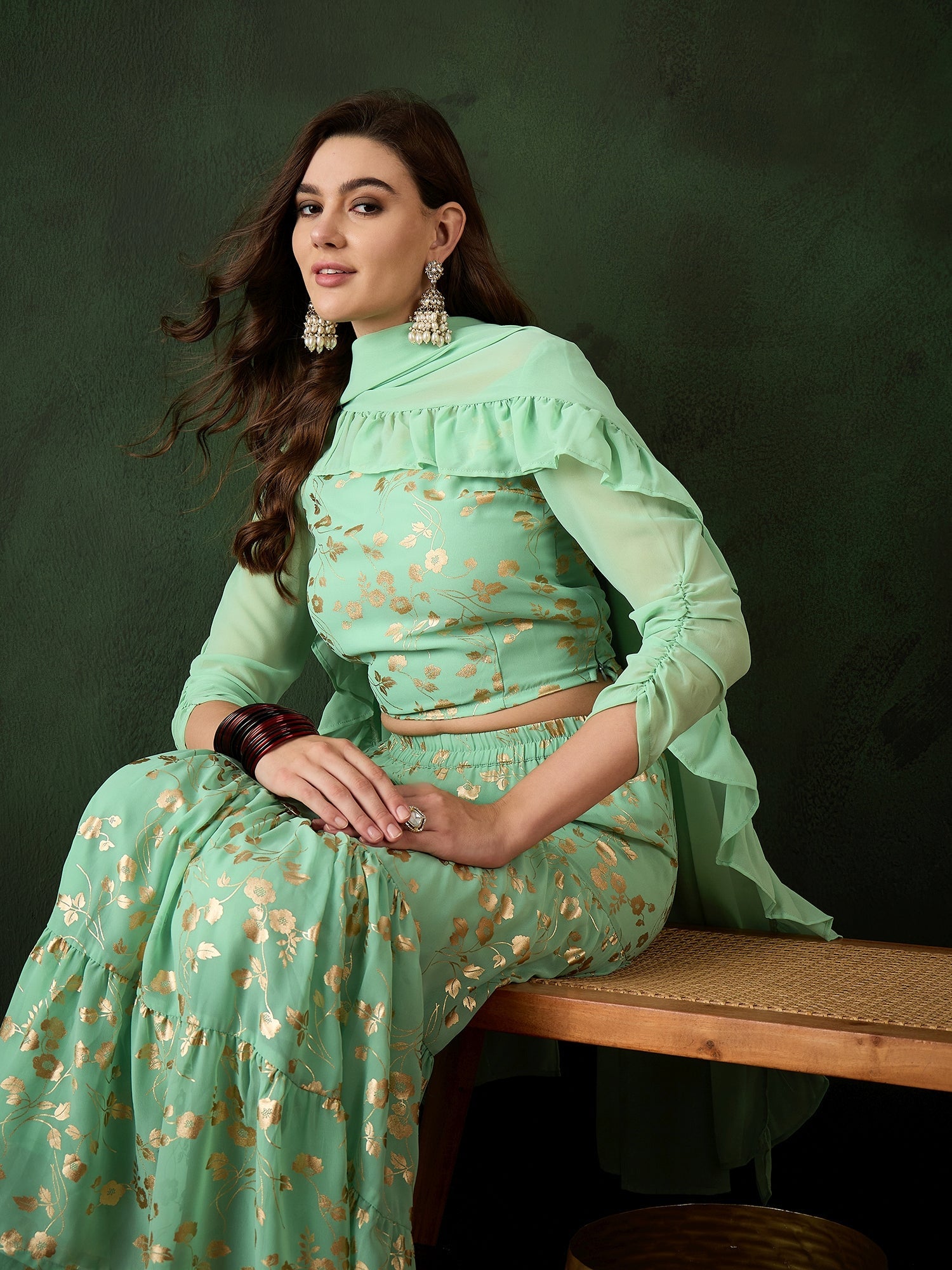 Green Floral Print Lehenga Choli Set - Elganza