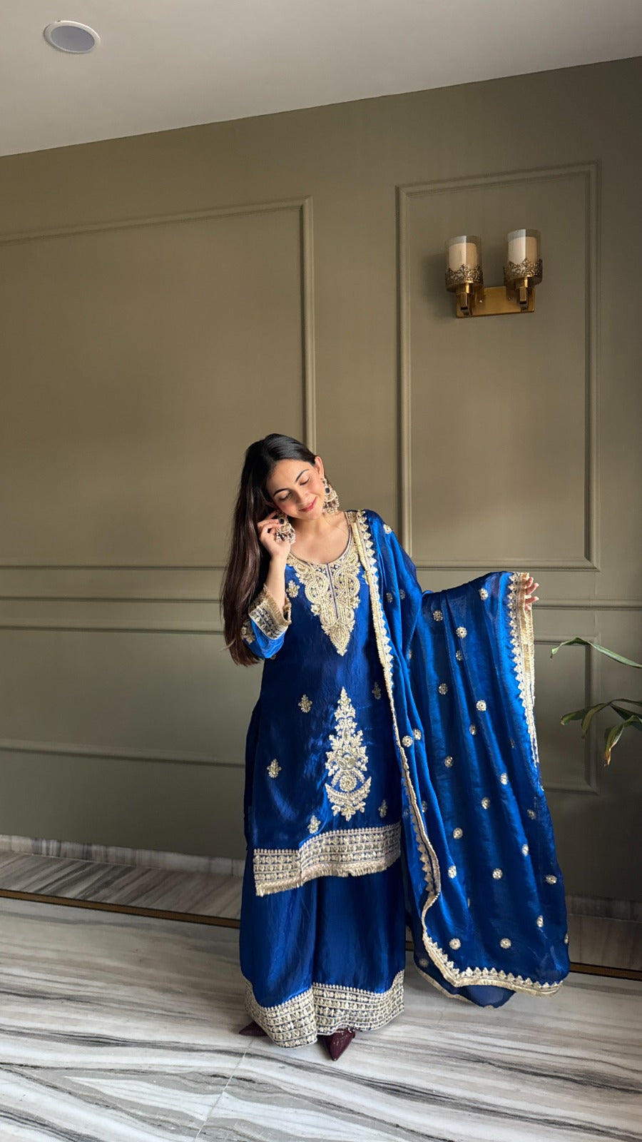 Designer Fendi Satin 3 Piece Suit Set with Embroidery Work & Lace Border (Top, Plazo & Dupatta)