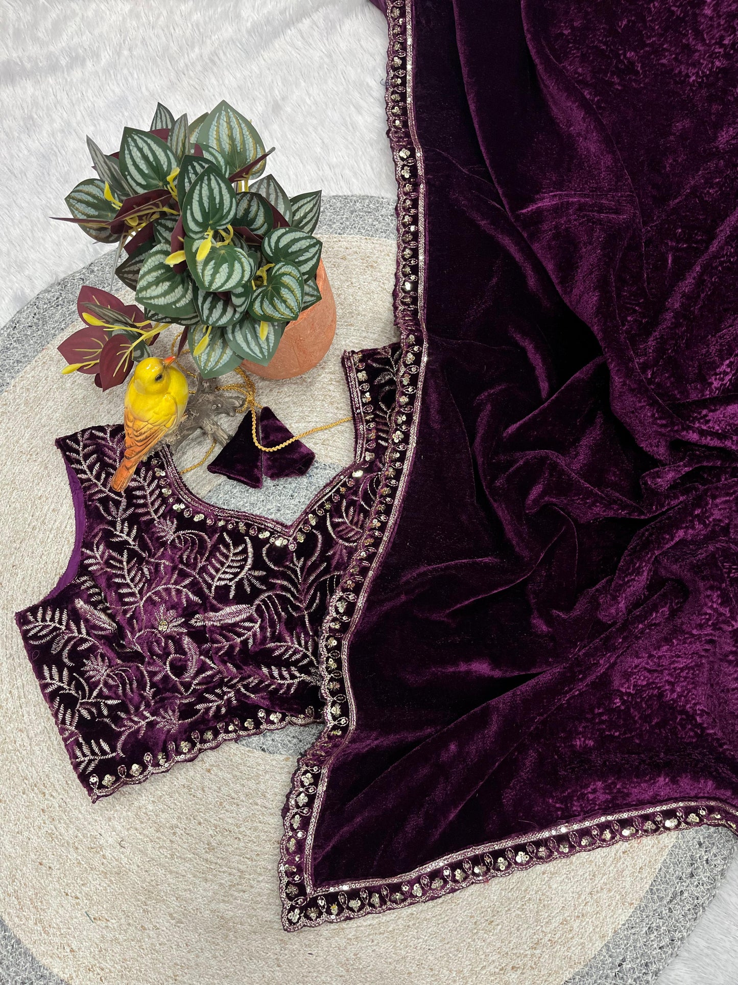 Luxury 9000 Quality Velvet Saree with Fine 3mm Sequin Jari Embroidered Cutwork Border & Ready Blouse