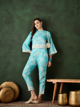 Turquoise Blue Floral Print Co-Ord Set - Elganza