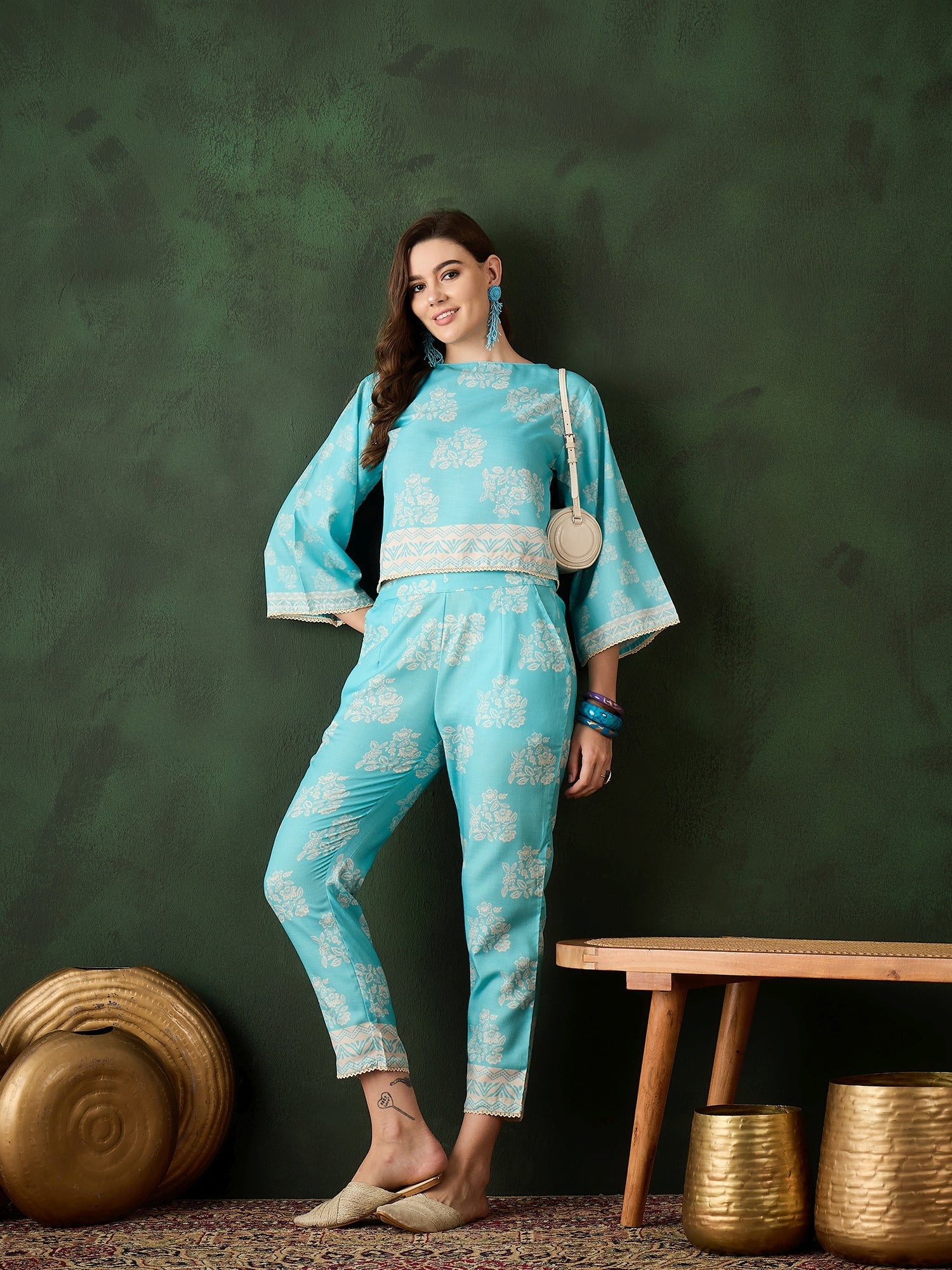Turquoise Blue Floral Print Co-Ord Set - Elganza