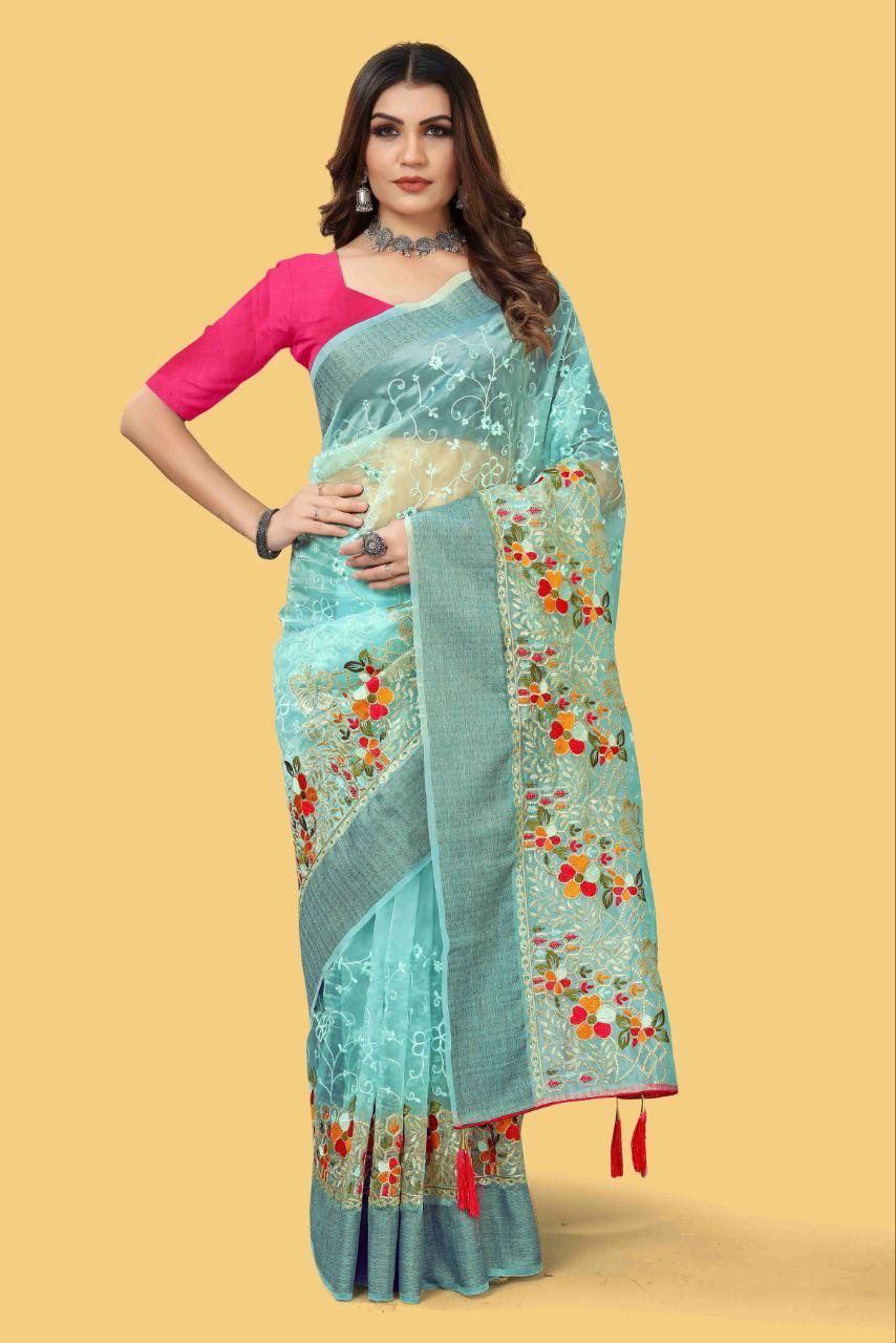 Party Wear Organza Silk Saree with Multicolor Embroidery and Zari Border