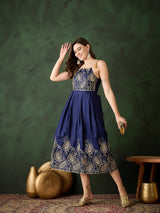 Navy Blue Embroidered Flared Maxi Dress - Elganza