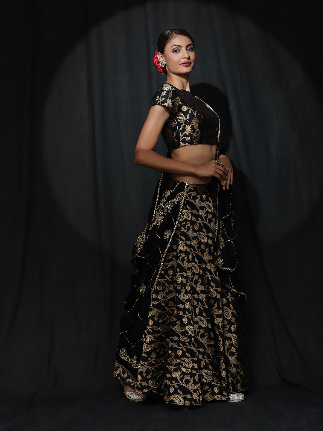 Black Jacquard Lehenga Choli With Dupatta - Elganza
