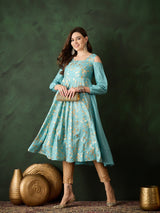 Pastel Blue Foil Print Flared Anarkali - Elganza