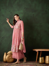 Pink Embroidered Nyra-Cut Kurta Palazzo With Dupatta - Elganza