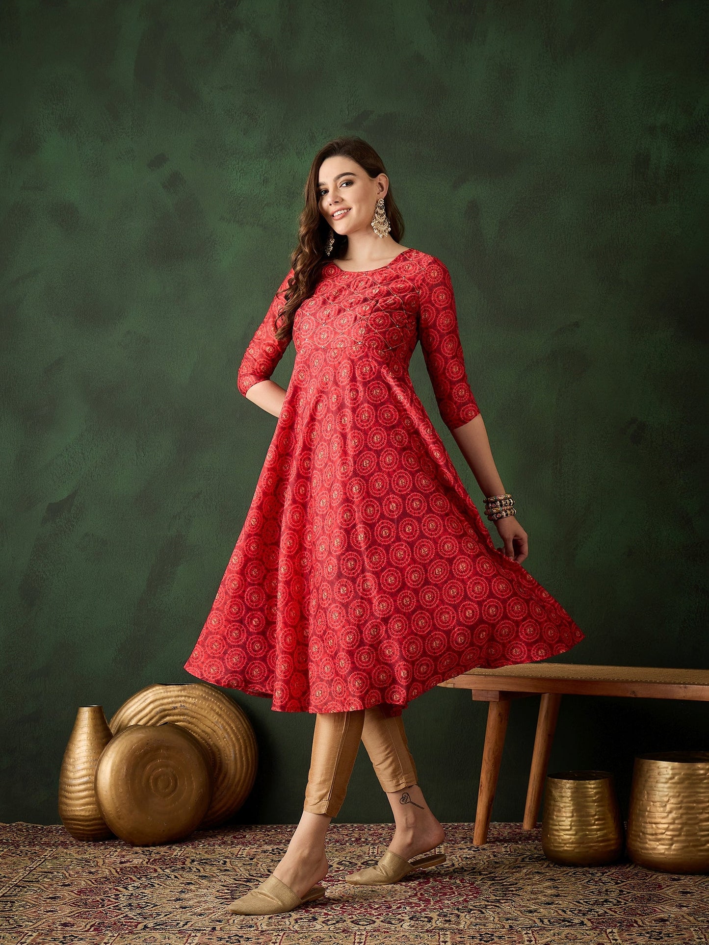 Red Geometric Print Anarkali - Elganza