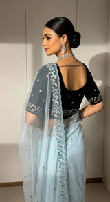 Designer Faux Georgette Handwork Saree with Beads & Sequins Border and Velvet Blouse – Ice Blue / Off White
