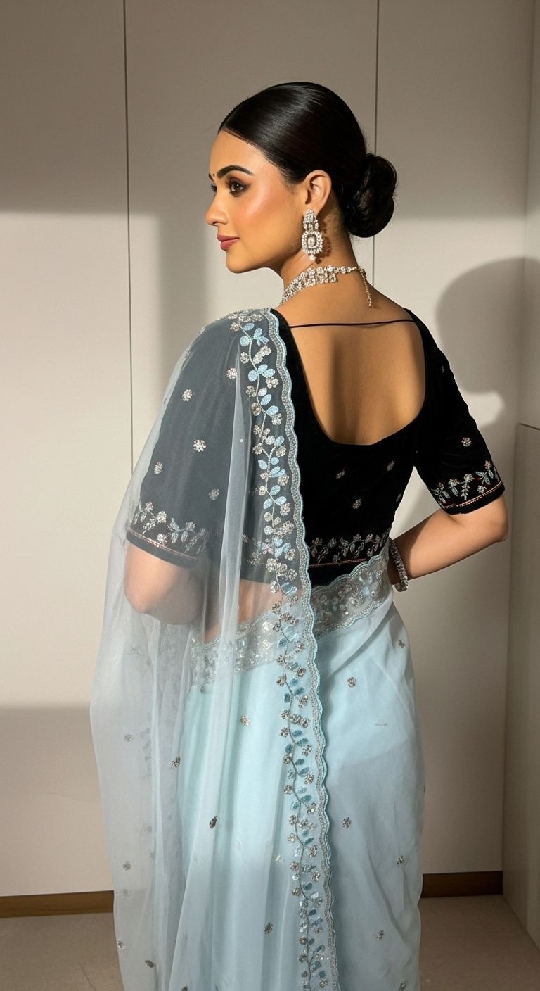 Designer Faux Georgette Handwork Saree with Beads & Sequins Border and Velvet Blouse – Ice Blue / Off White