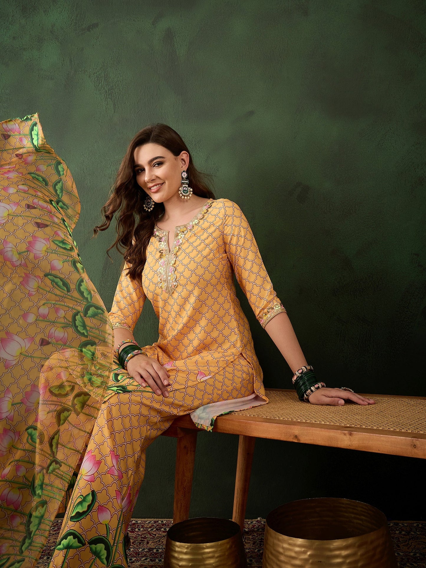 Yellow Pichwai Print Kurta Palazzo With Dupatta - Elganza