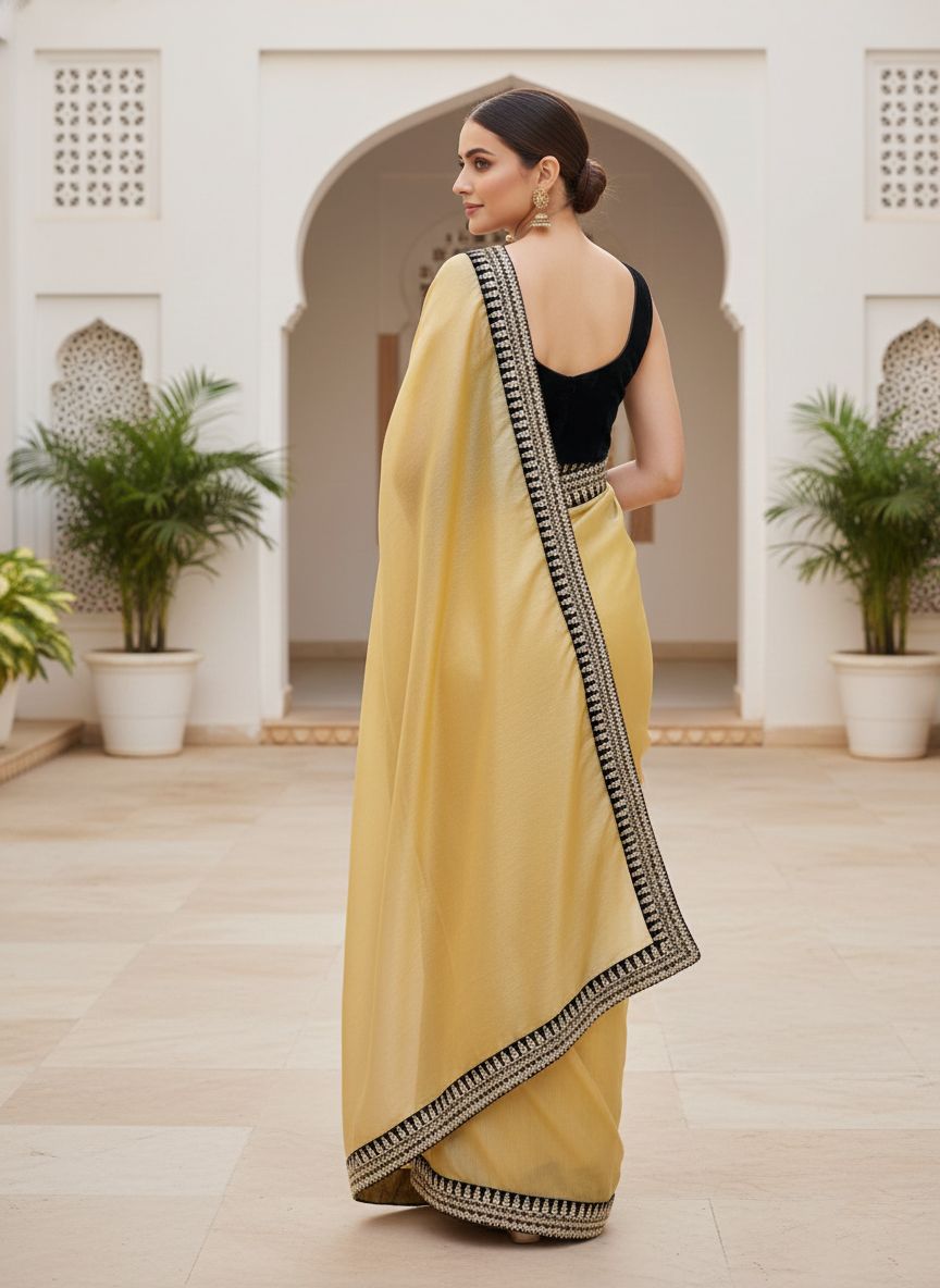 Designer Bollywood Style Soft Twill Net Saree with Sequins & Zari Dori Embroidery and Velvet Lace Border with Unstitched Blouse