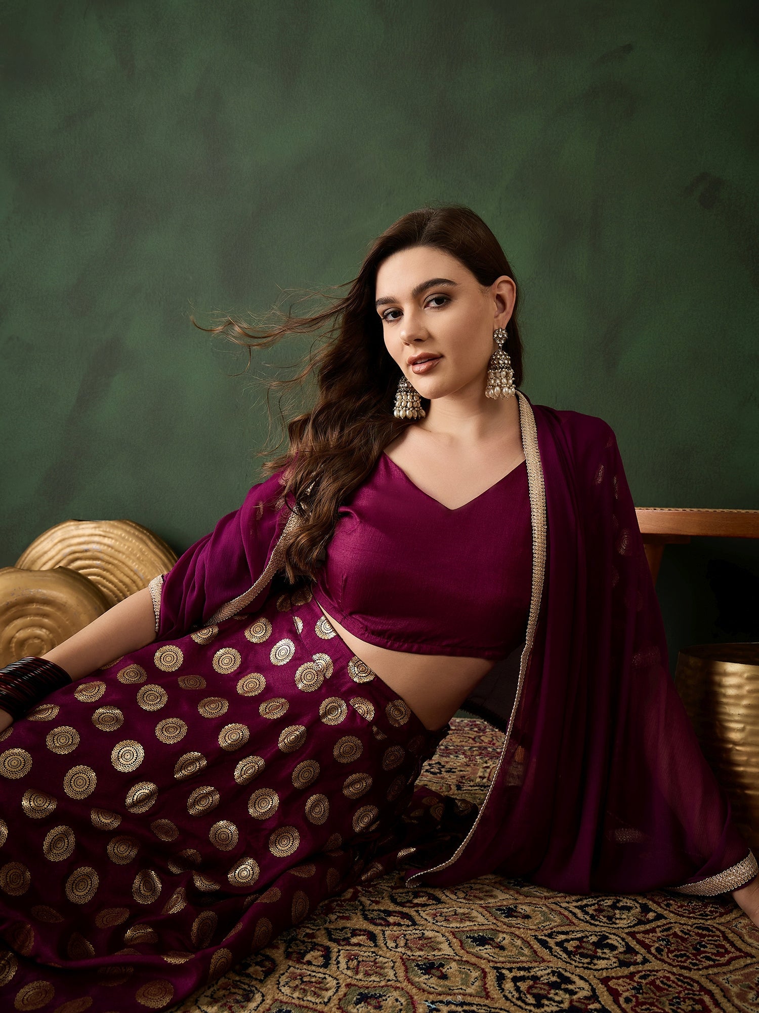 Purple Gold Foil Print Lehenga Choli With Duptta - Elganza