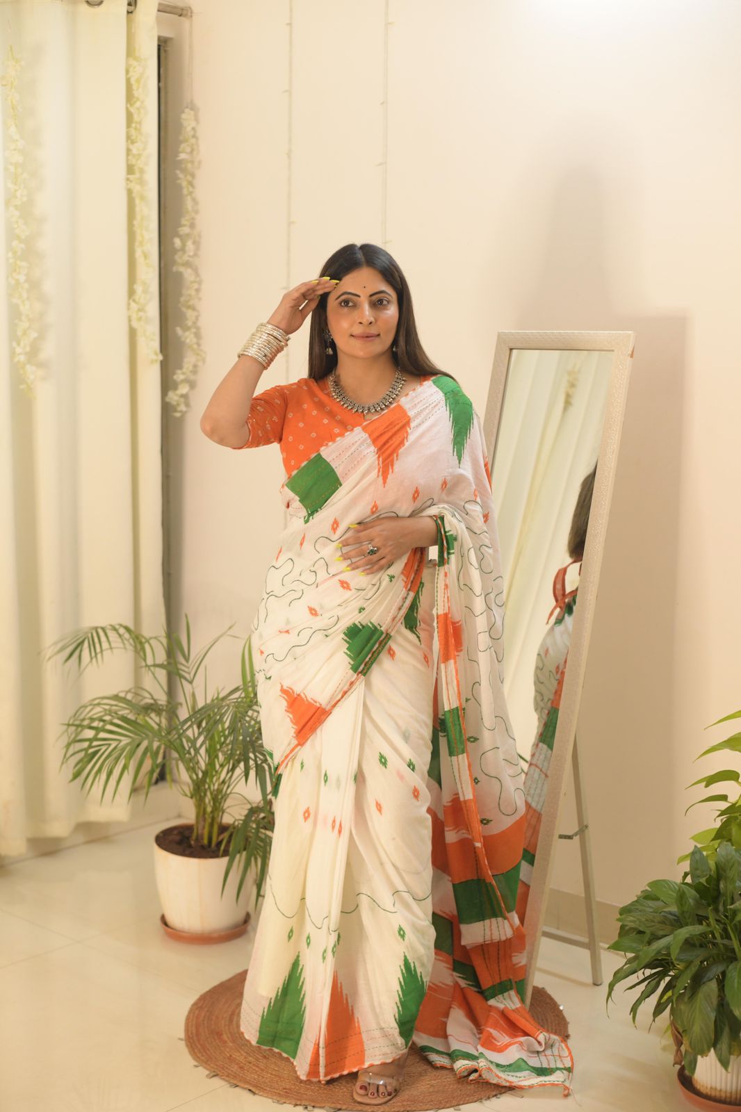 Republic Day Special Pure Cotton Tricolour Printed Saree with Embroidery