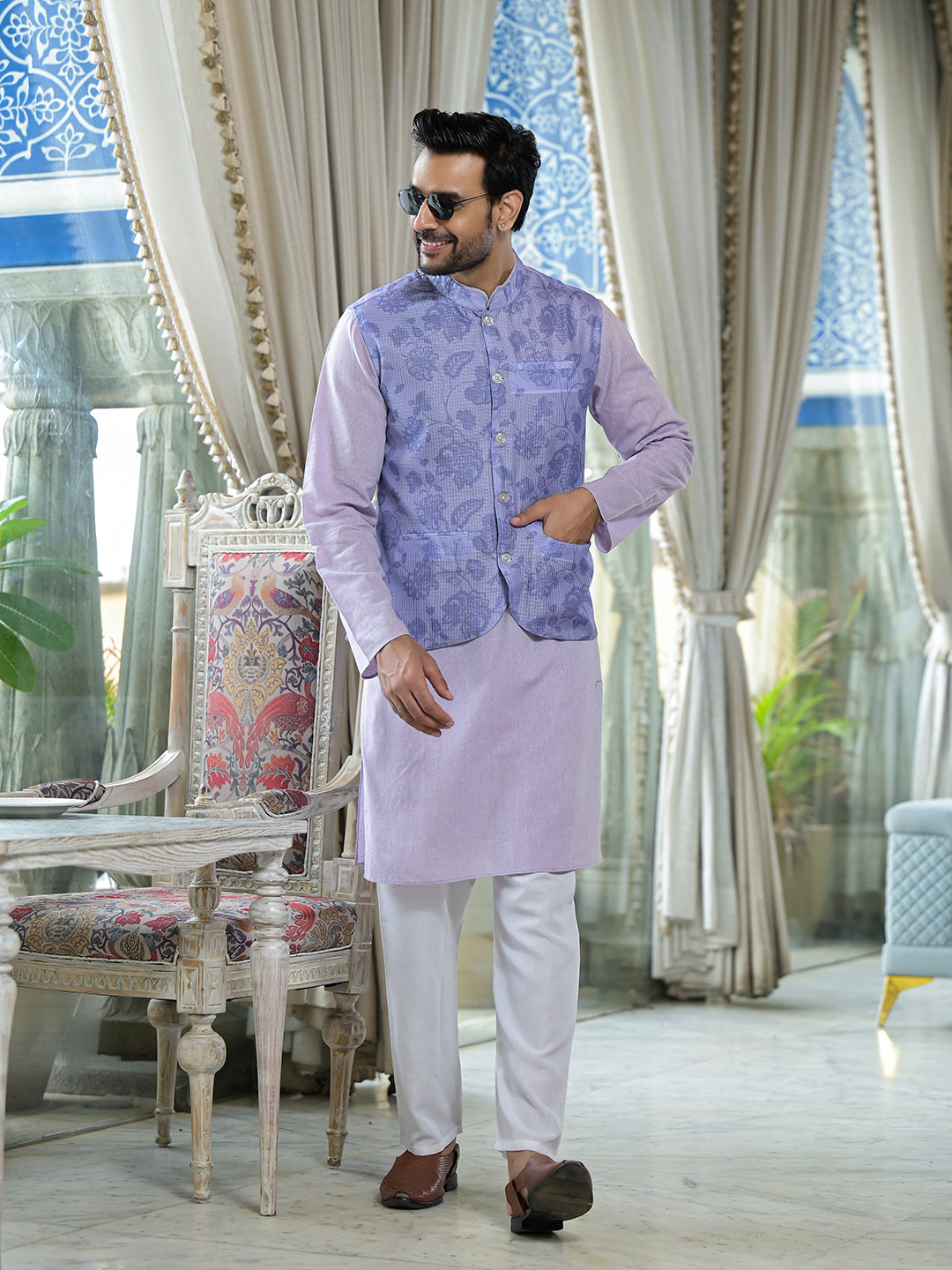 Lilac Color Floral print nehru jacket set - Elganza