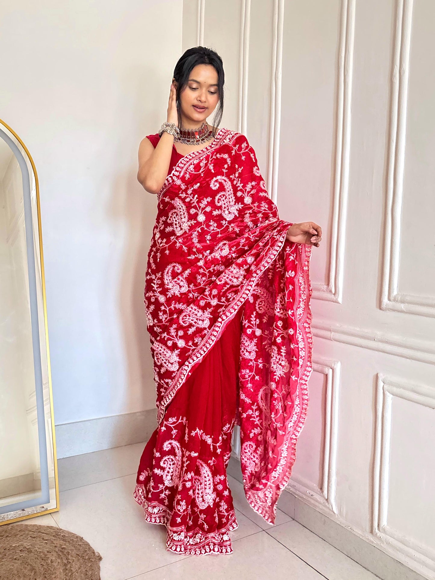Beautiful Designer Bollywood Fandy Satin Silk Saree with Sequins & Malti Thread Embroidery