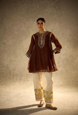 Women Designer 2 Piece Chanderi Suit Set with Lampi Lace Work