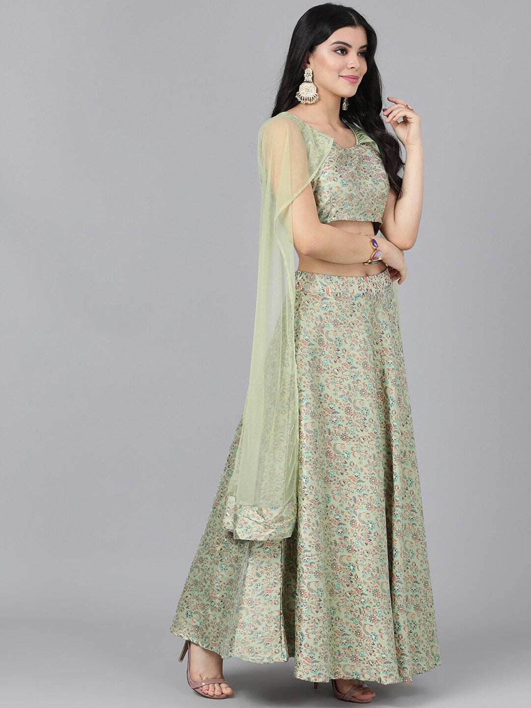 Green Lehenga Choli With Cape Dupatta - Elganza