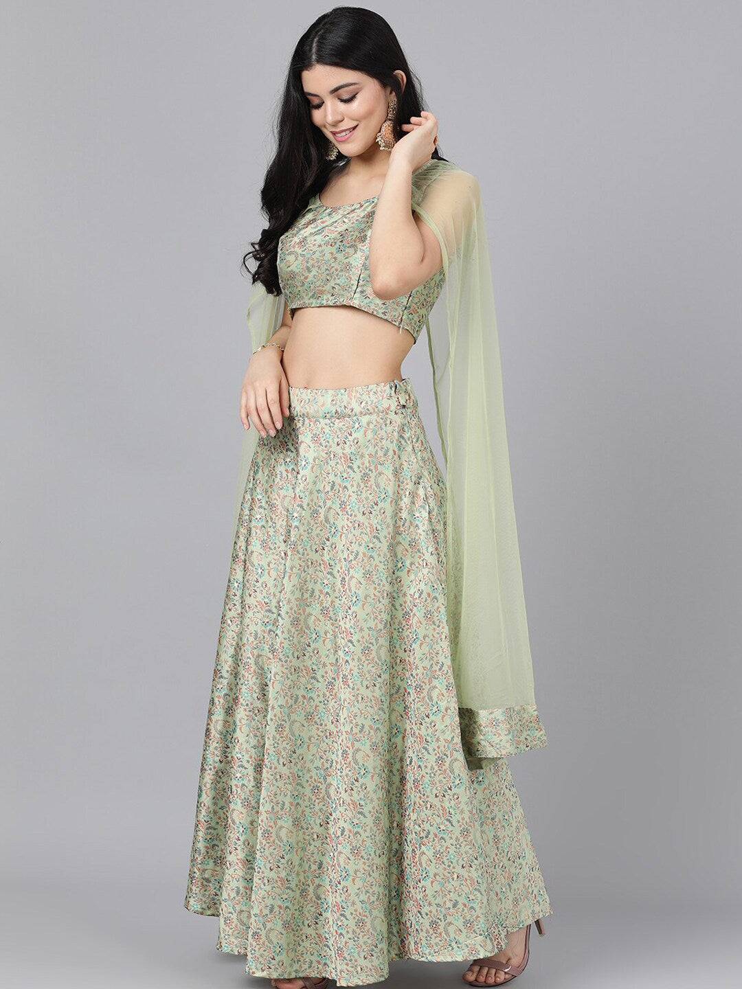 Green Lehenga Choli With Cape Dupatta - Elganza