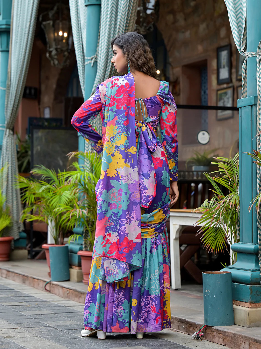 Purple Digital Printed Ready-to-Wear Saree for Women | Poly Chinon Saree with Blouse image 3