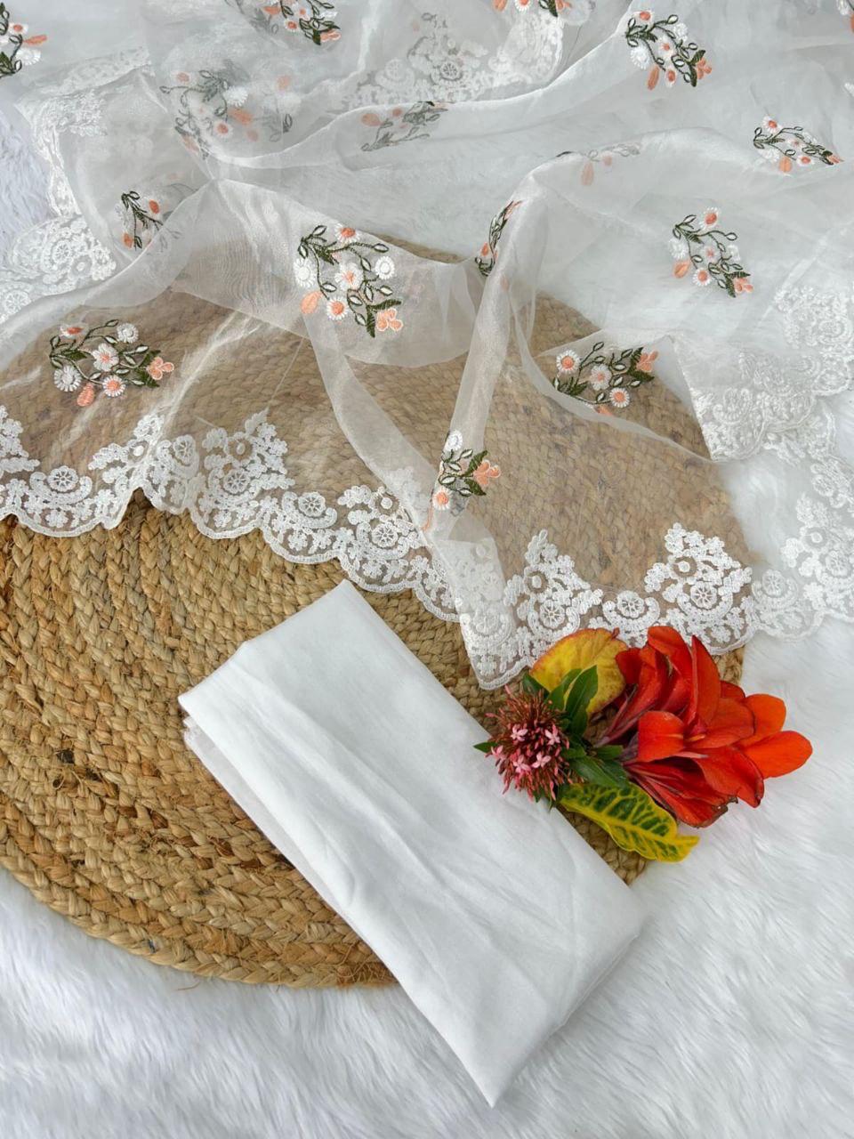 Designer Floral Embroidered Organza Silk Saree with Cutwork Border