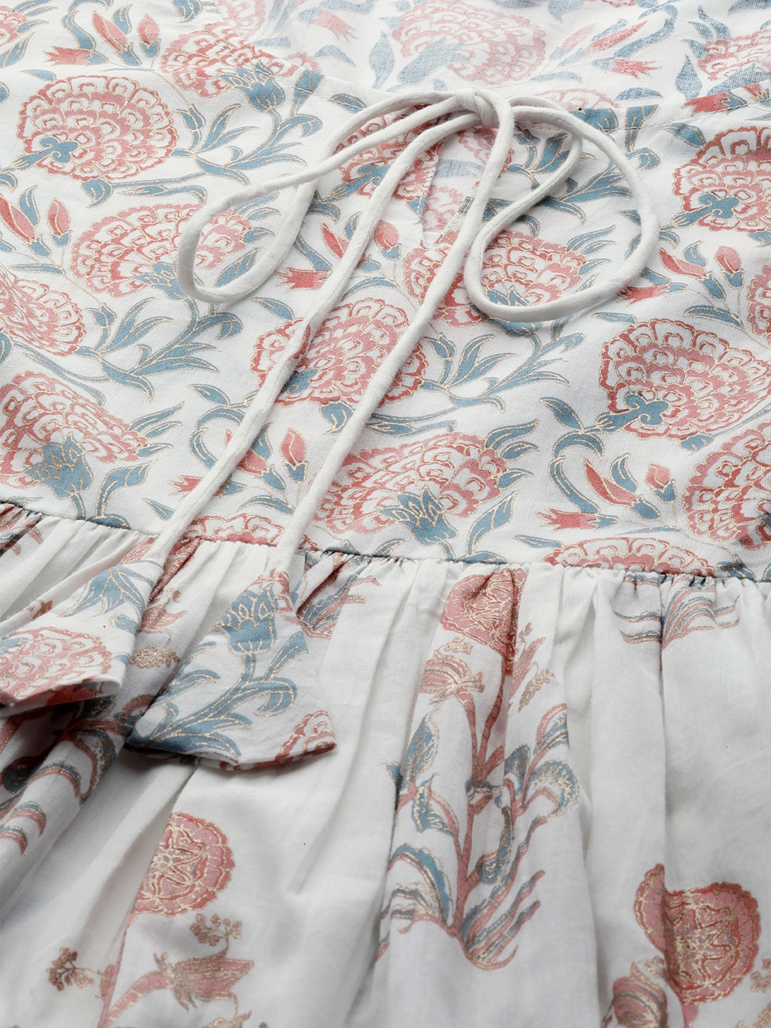 White Floral Print Kurta with Tie-Up - Elganza