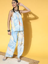 Blue & Yellow Marble Print Top - Elganza