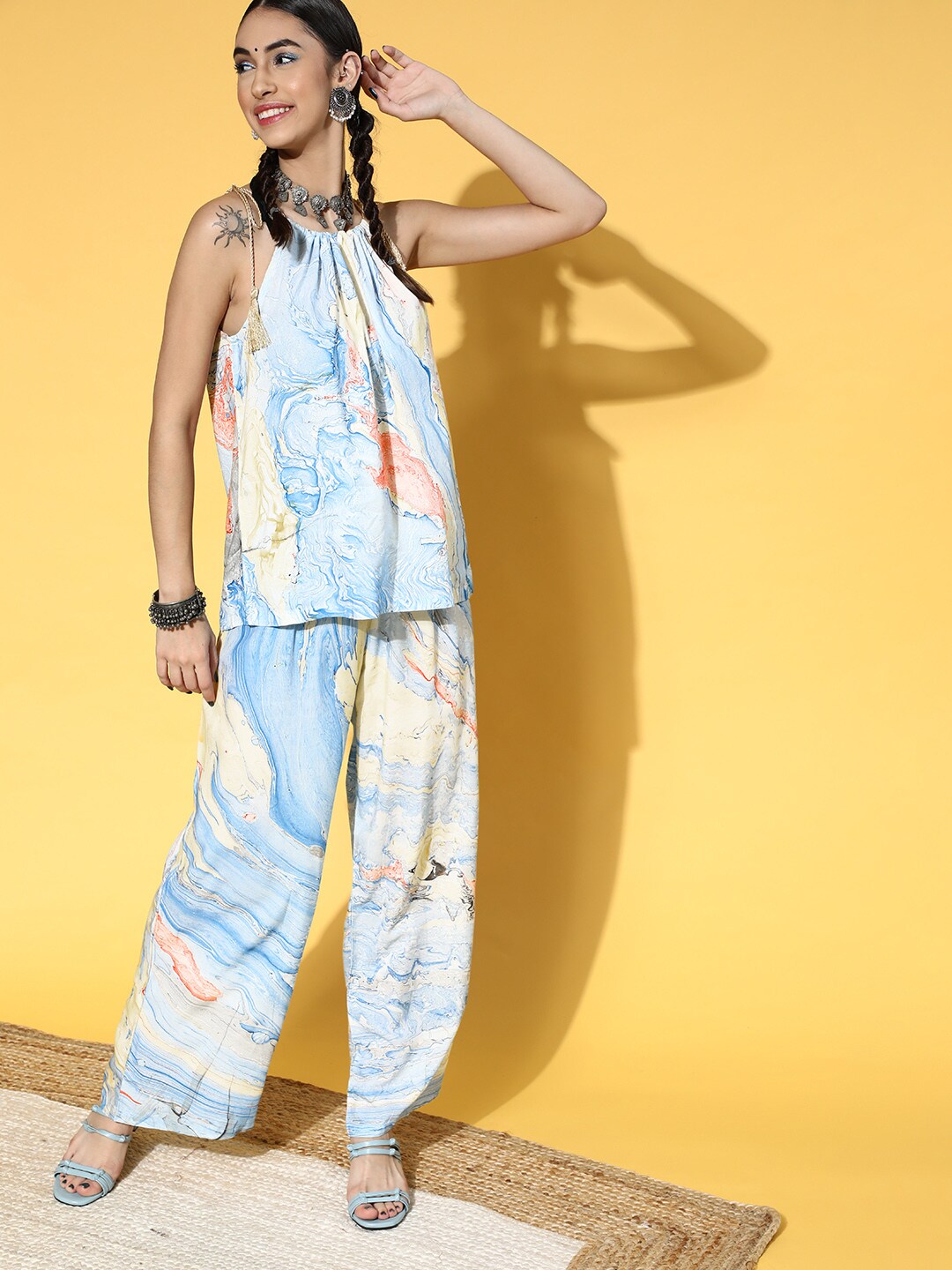 Blue & Yellow Marble Print Top - Elganza