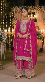 Heavily Embroidered Chinon Kurti Plazo Dupatta Ready-Made Set