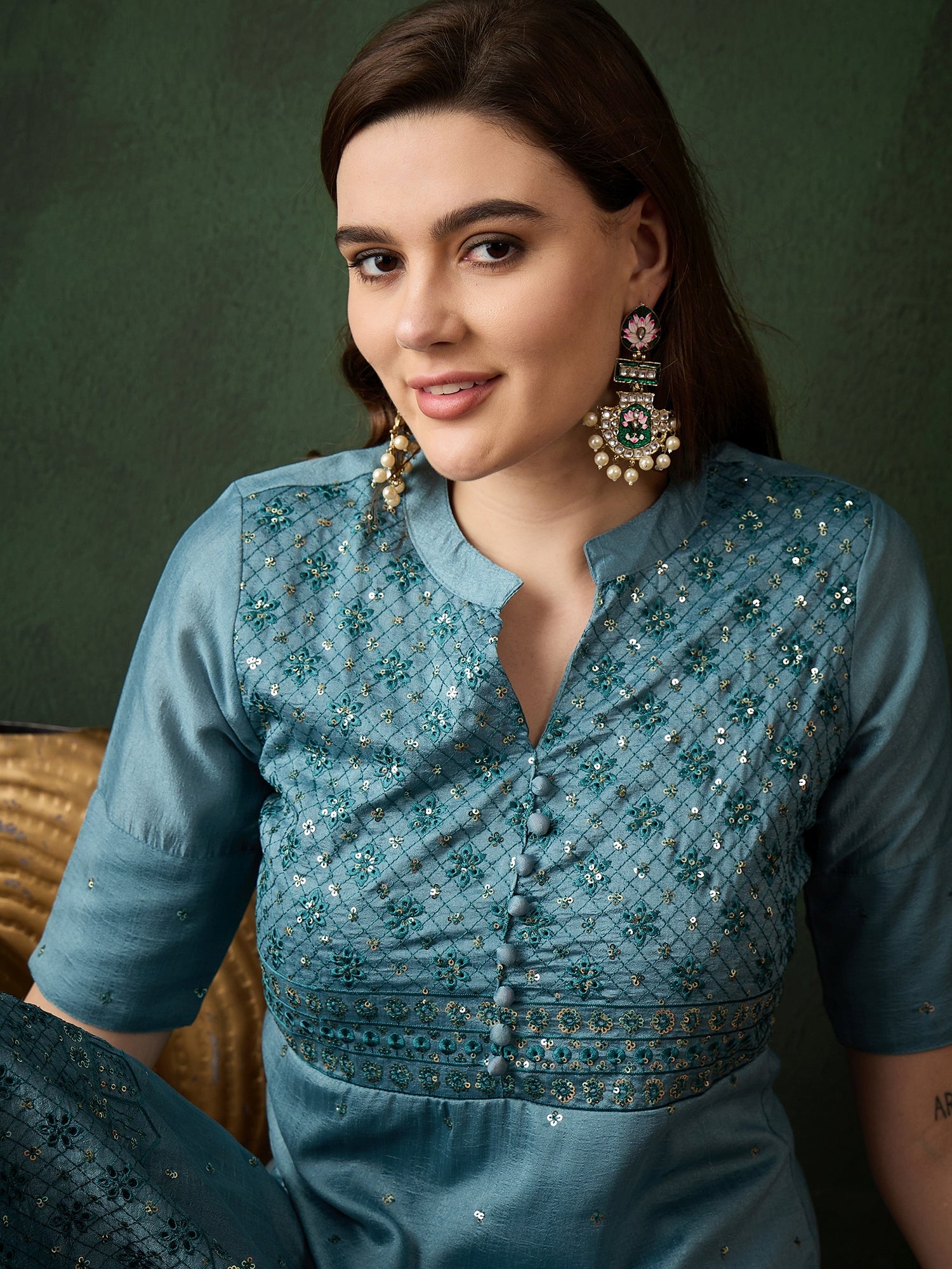 Blue Embroidered Kurta With Palazzo - Elganza