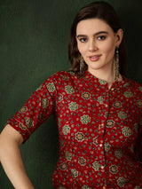 Red Gold Print Button Down Kurta - Elganza