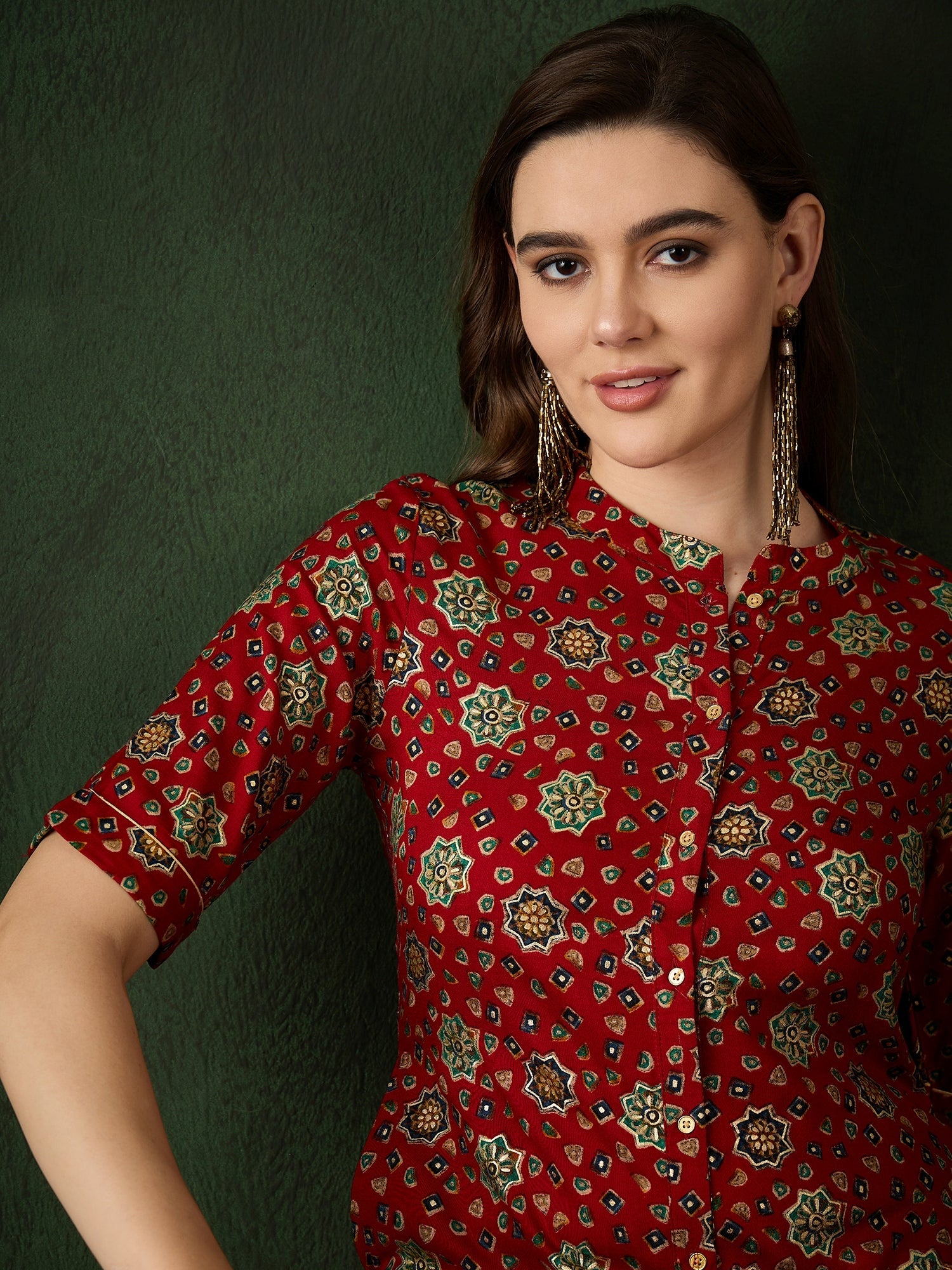 Red Gold Print Button Down Kurta - Elganza