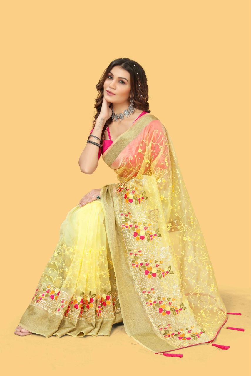 Party Wear Organza Silk Saree with Multicolor Embroidery and Zari Border