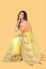 Party Wear Organza Silk Saree with Multicolor Embroidery and Zari Border