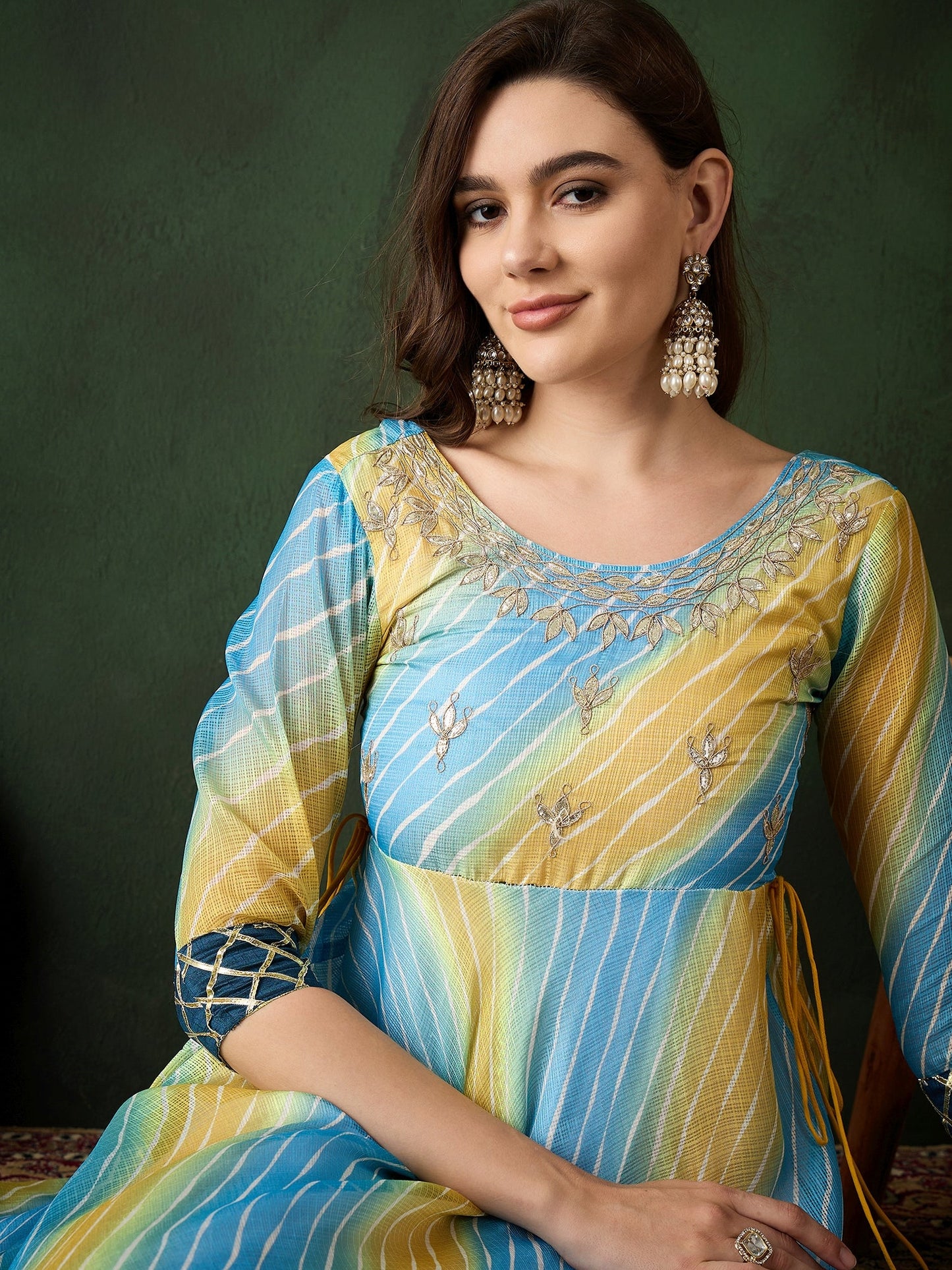Blue Embroidered Flared Maxi Dress - Elganza