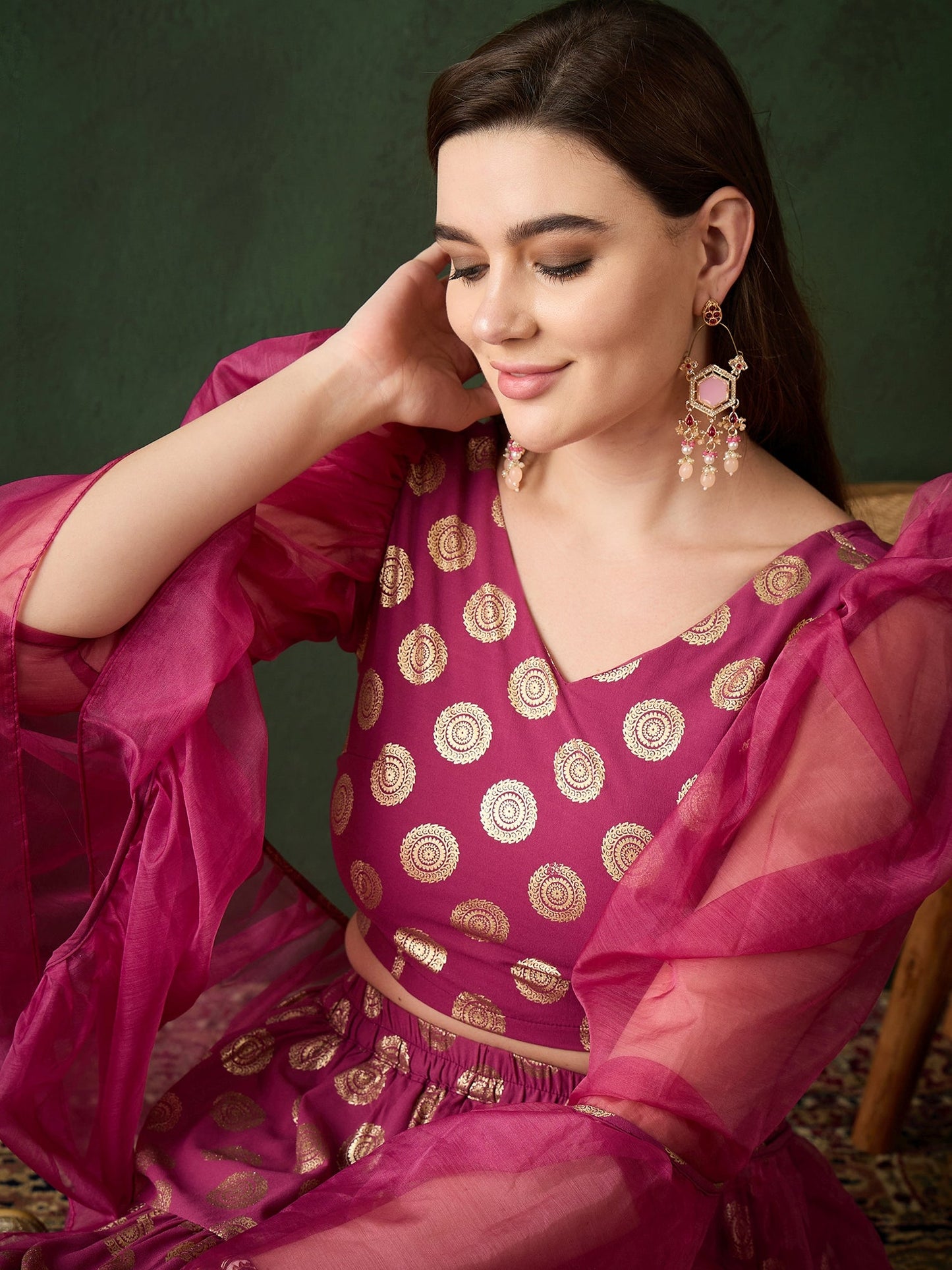 Magenta Foil Print Lehenga Choli With Dupatta - Elganza