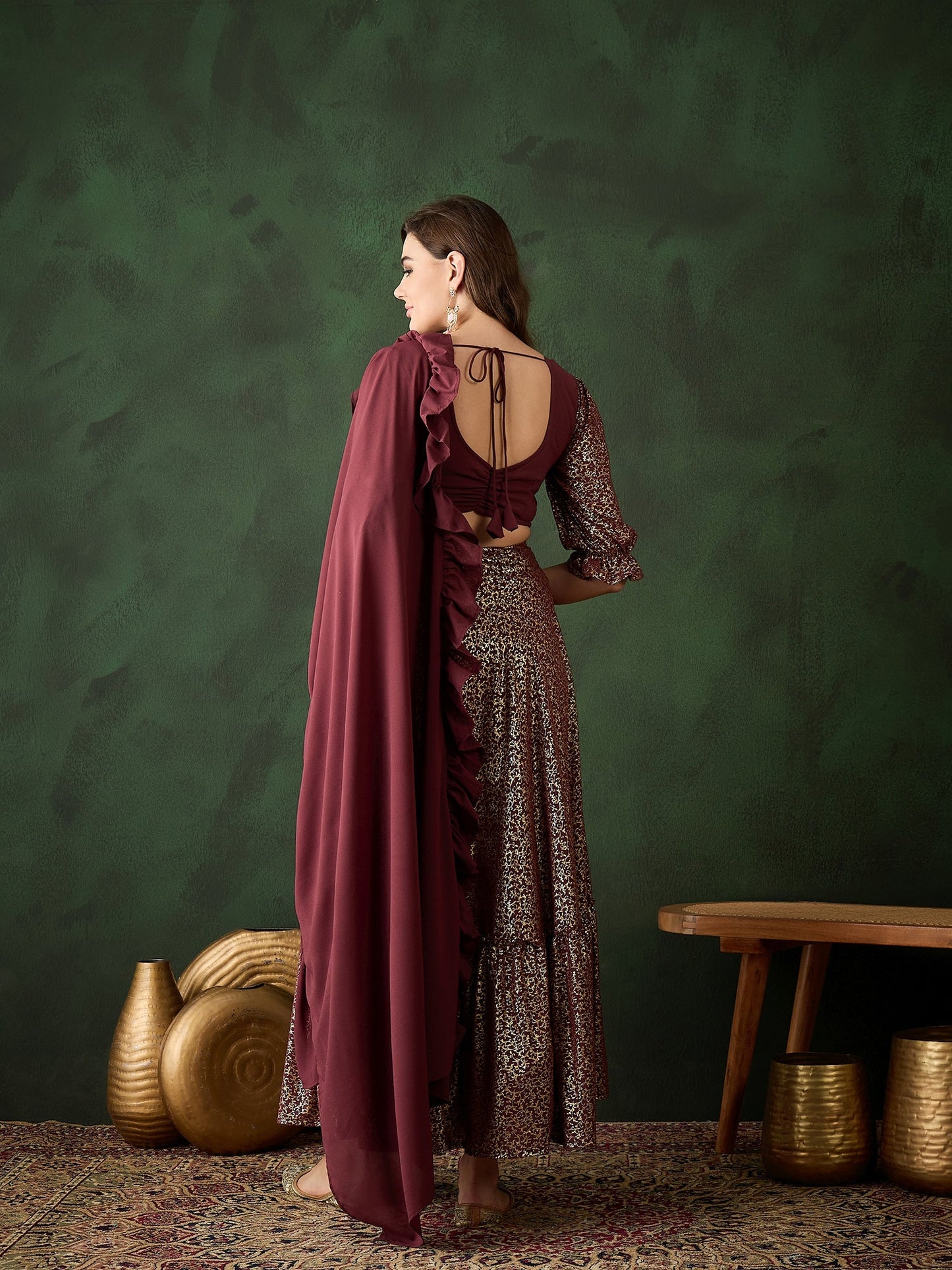 Burgundy Foil Printed Lehenga Choli With Dupatta - Elganza