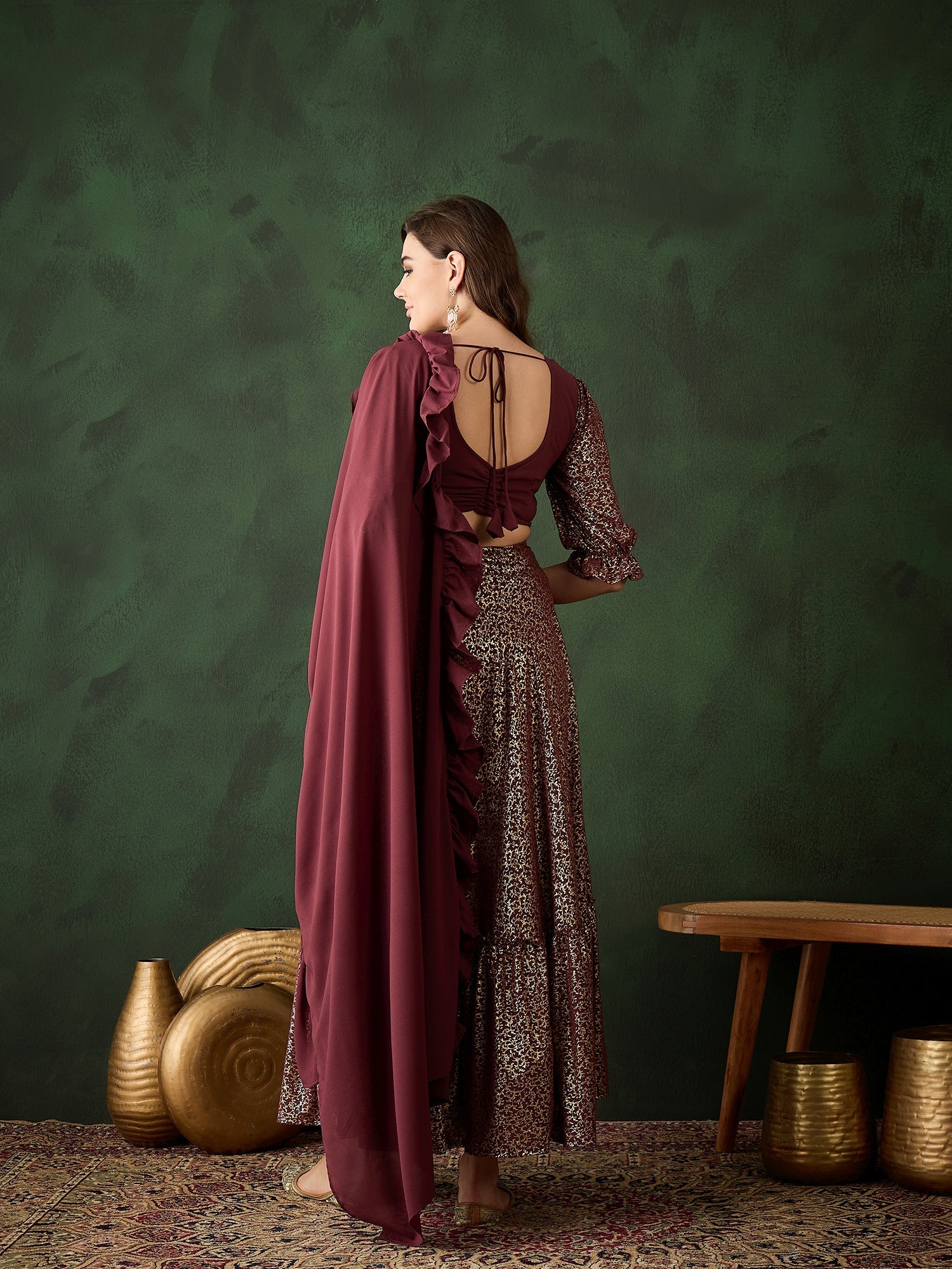 Burgundy Foil Printed Lehenga Choli With Dupatta - Elganza