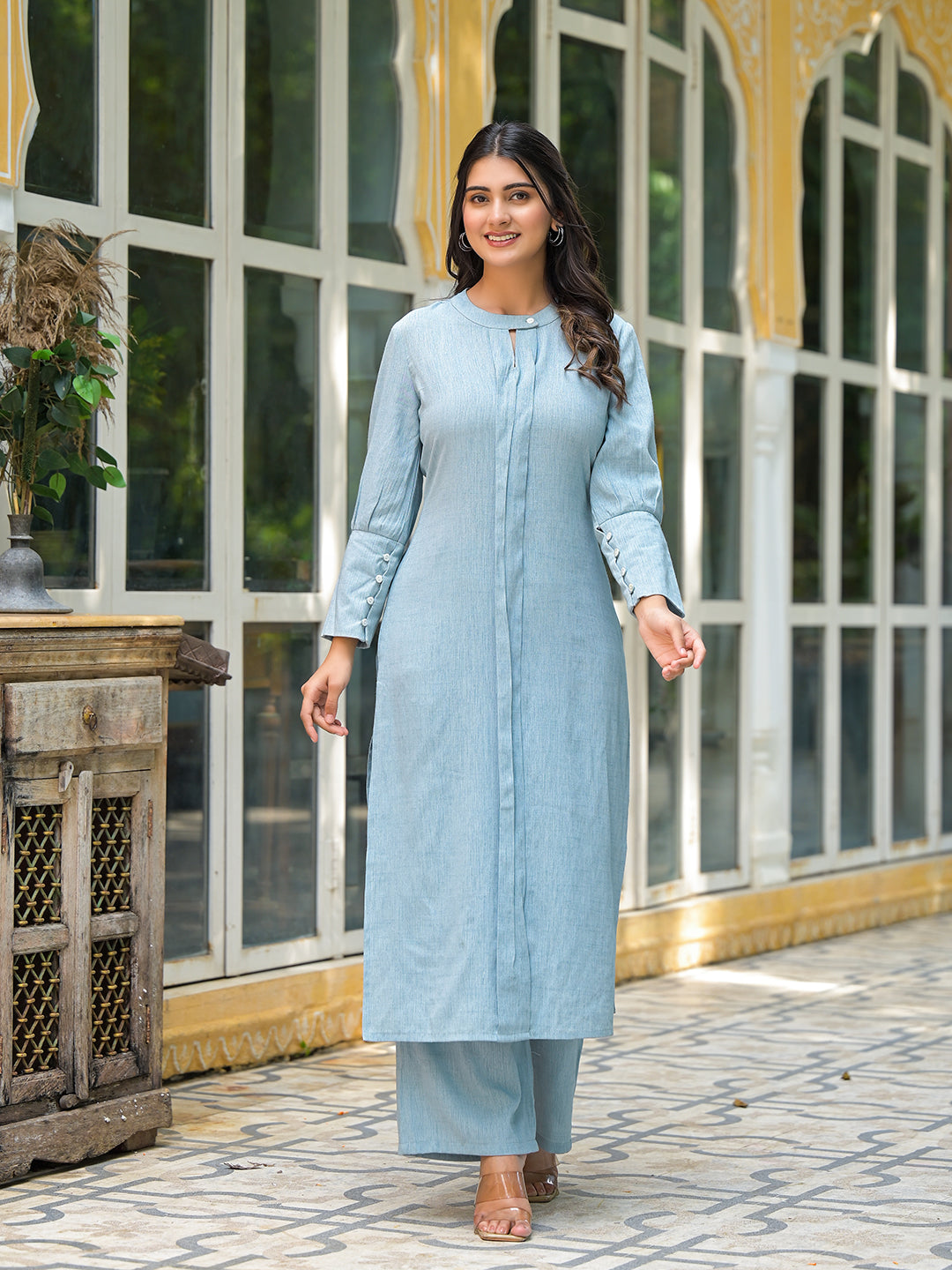 Powder Blue Solid Kurta with Palazzo - Elganza