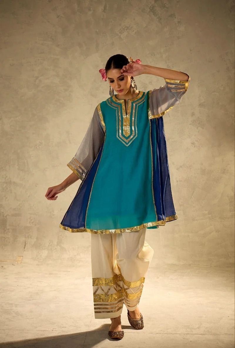 Women Designer 2 Piece Chanderi Suit Set with Lampi Lace Work
